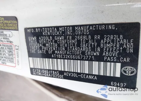 2006 Toyota Camry Le z USA, uszkodzony, nr VIN 4T1BE32K66U673771